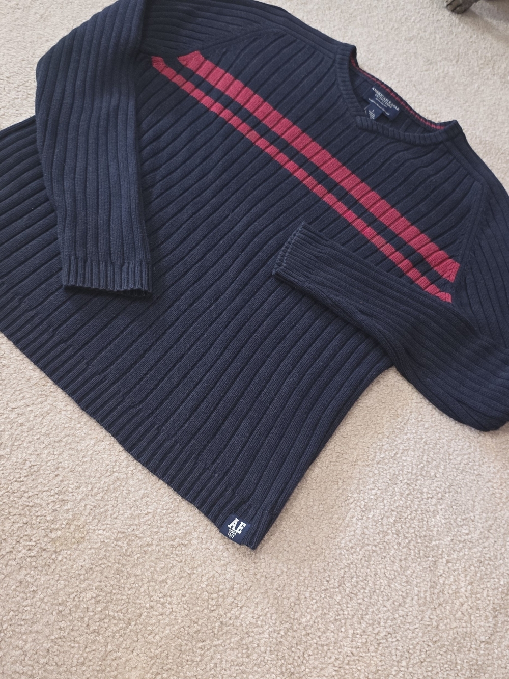American Eagle Outfitters Navy Ribbed Crewneck Sweater with Red Chest Stripes